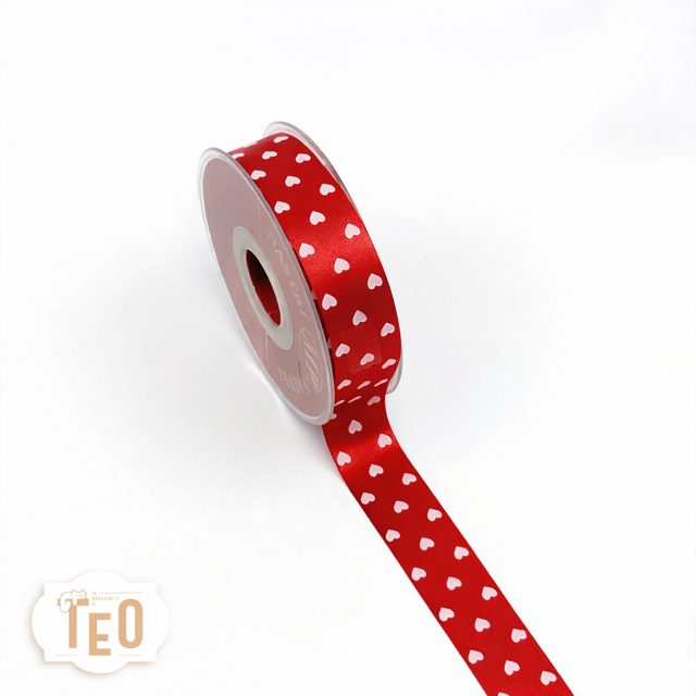 nastro cuori 25 mm Nastro in raso rosso cuoricini bianchi - immagine 1